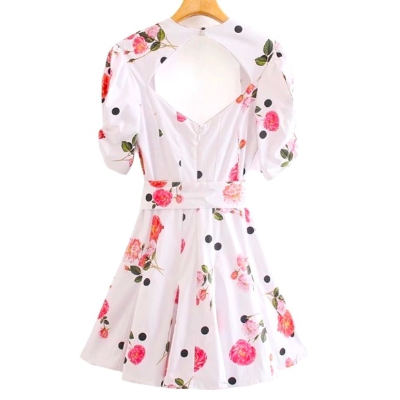 NEW! Floral & Polka Dot Belted Cut Out Back Mini Dress - Picture 7 of 12